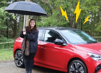 woman with umbrella next to Corsa-e